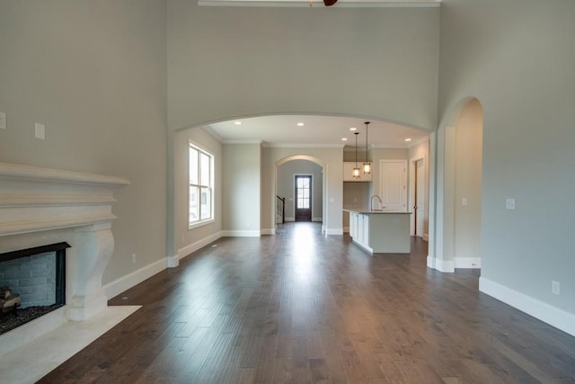 unfurnished living room with sink, ornamental molding, dark hardwood / wood-style floors, and a high ceiling