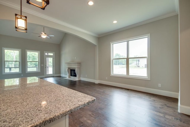 unfurnished living room featuring ornamental molding, vaulted ceiling, ceiling fan, and dark hardwood / wood-style flooring