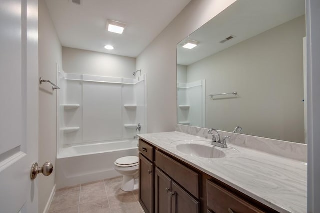 full bathroom with bathing tub / shower combination, vanity, tile patterned floors, and toilet