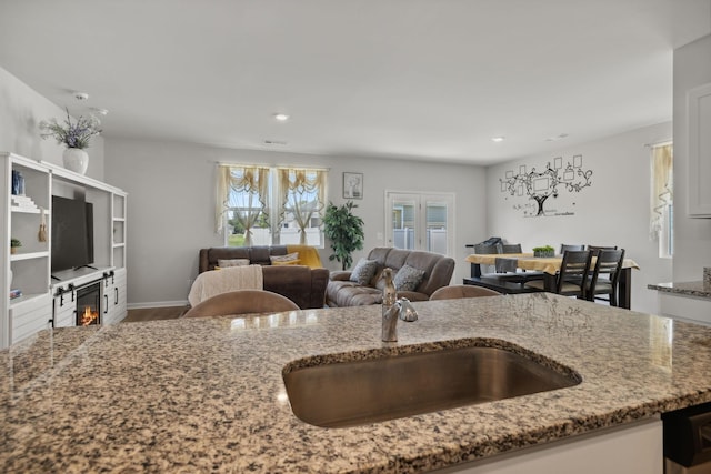 kitchen with hardwood / wood-style flooring, stone countertops, and sink