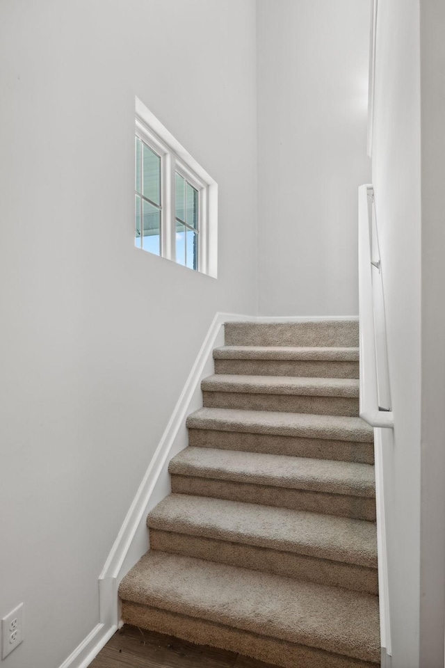 stairway with hardwood / wood-style floors