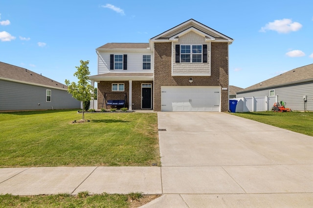 view of front of house with a porch, a garage, and a front yard