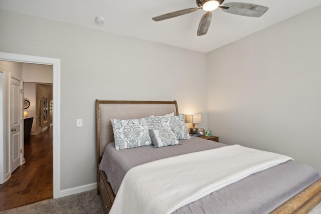 bedroom featuring ceiling fan and carpet flooring