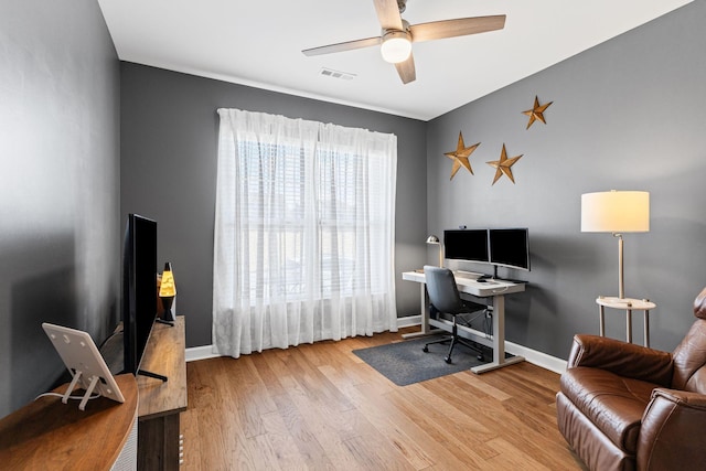 home office with ceiling fan and hardwood / wood-style floors