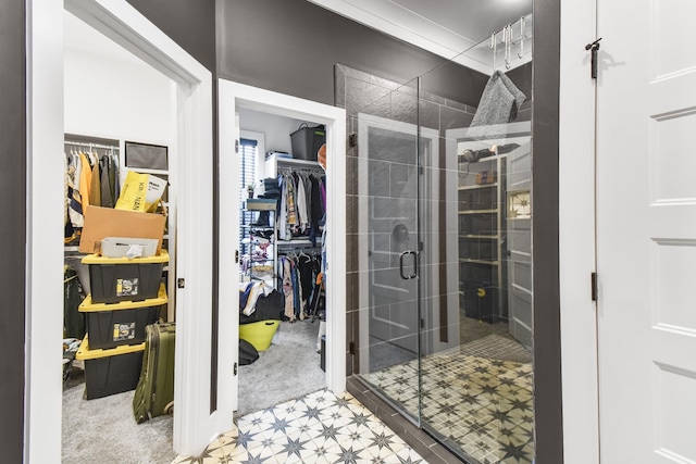 bathroom featuring a shower with door