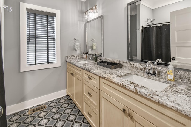 bathroom with vanity and a shower with shower curtain