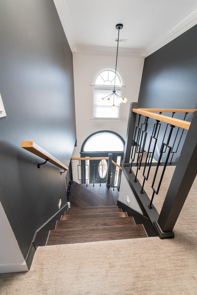 staircase featuring ornamental molding and carpet flooring