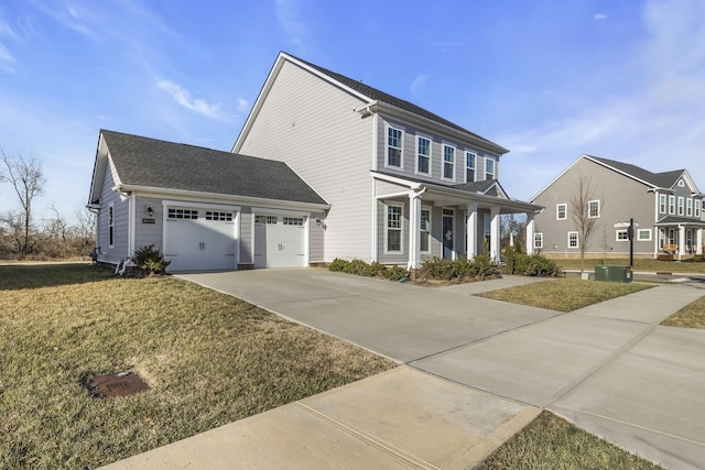 view of front of home featuring a garage, a porch, and a front yard