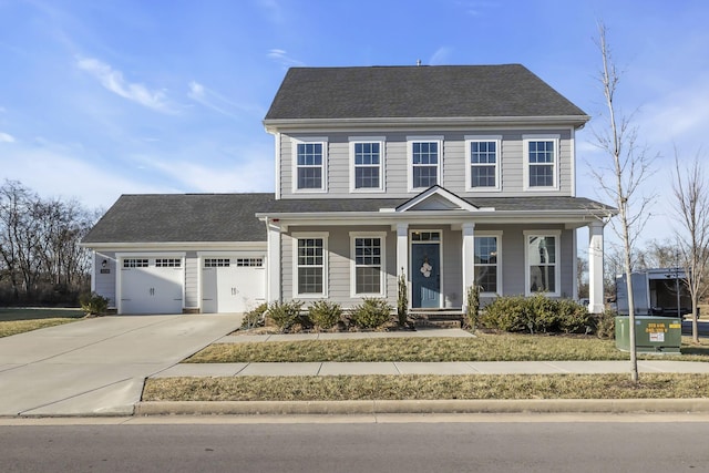 view of front of property featuring a porch and a garage