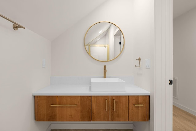 bathroom with vanity and hardwood / wood-style flooring