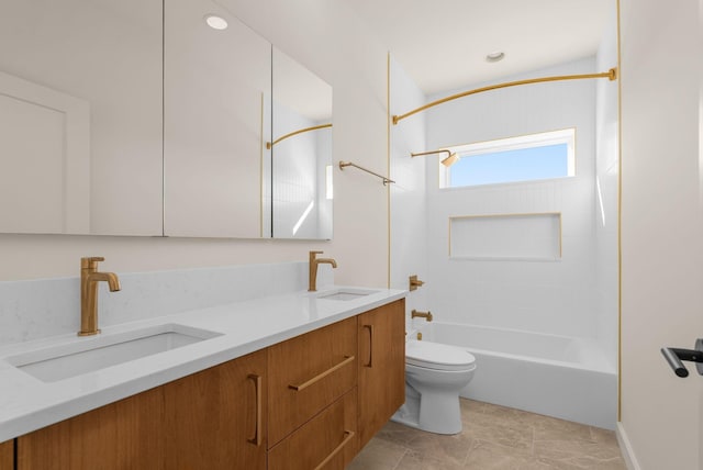 full bathroom featuring shower / tub combination, vanity, and toilet