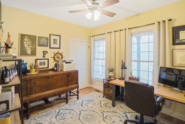 office featuring ceiling fan and light hardwood / wood-style floors