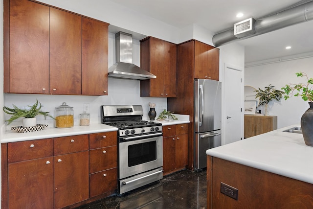 kitchen with stainless steel appliances and wall chimney range hood