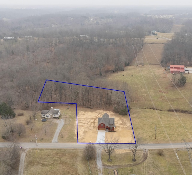 birds eye view of property with a rural view