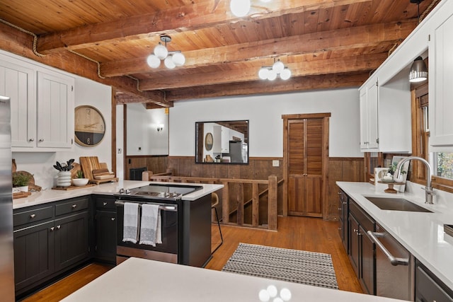 kitchen with sink, decorative light fixtures, white cabinets, and appliances with stainless steel finishes