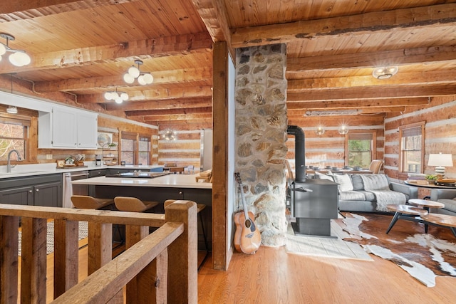 living room featuring wooden ceiling, a wealth of natural light, and a wood stove