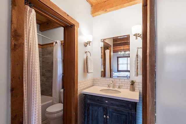 full bathroom with toilet, vanity, shower / bath combo, beamed ceiling, and decorative backsplash