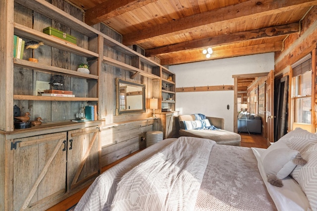 bedroom with wooden ceiling and beamed ceiling