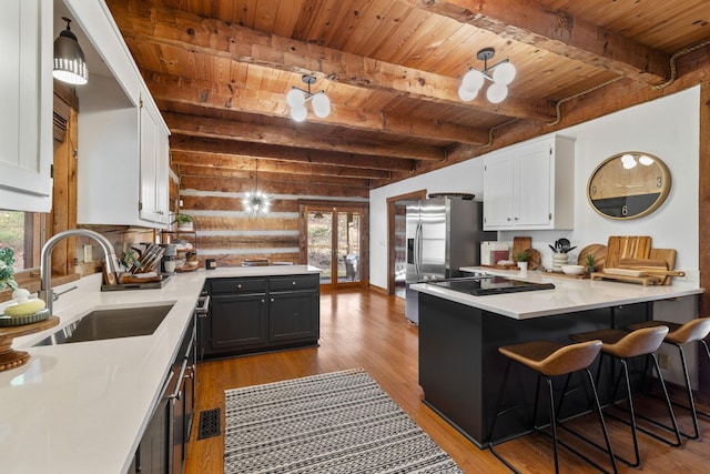 kitchen with sink, wood ceiling, kitchen peninsula, and white cabinets