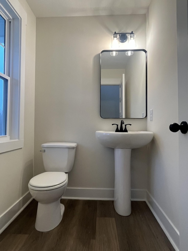 bathroom with hardwood / wood-style flooring and toilet