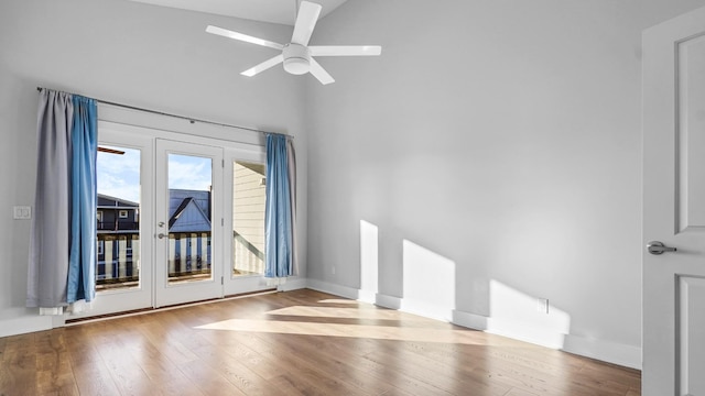 unfurnished living room with french doors, ceiling fan, and hardwood / wood-style floors