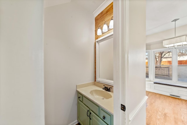 bathroom with vanity and wood-type flooring