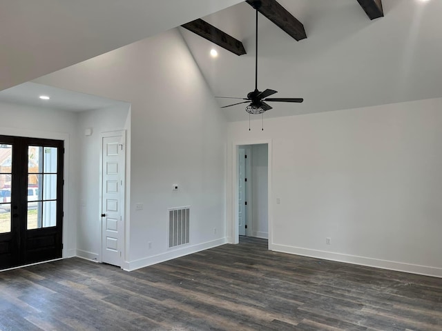 interior space with dark hardwood / wood-style floors, high vaulted ceiling, ceiling fan, beam ceiling, and french doors