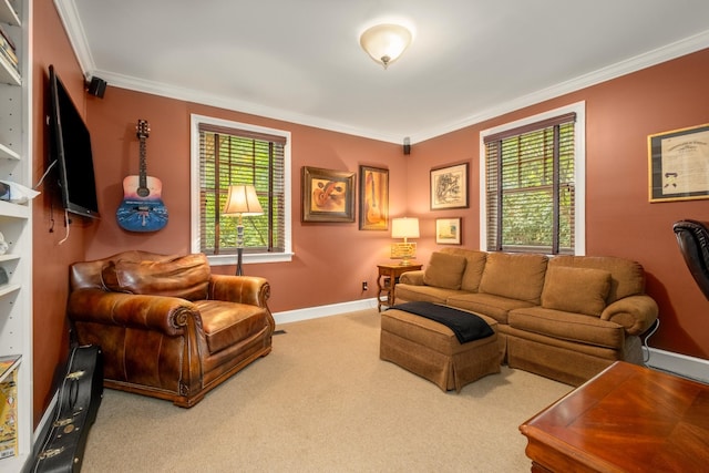 carpeted living room featuring crown molding