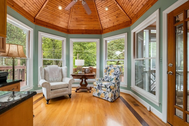 sunroom featuring a wealth of natural light, vaulted ceiling, wooden ceiling, and ceiling fan