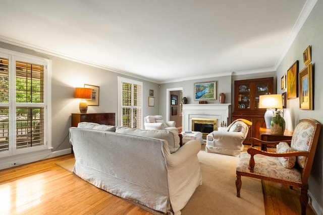 living room featuring ornamental molding, a healthy amount of sunlight, and light wood-type flooring