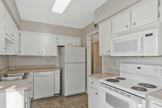 kitchen featuring white cabinetry, sink, and white appliances