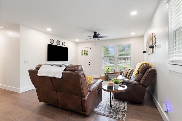 living room with hardwood / wood-style flooring and ceiling fan