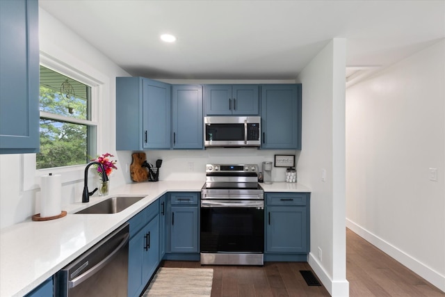 kitchen with blue cabinetry, stainless steel appliances, dark wood-type flooring, and sink