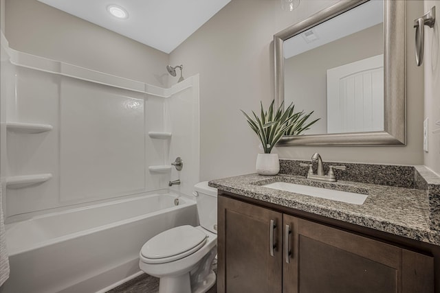 full bathroom with vanity, bathtub / shower combination, and toilet