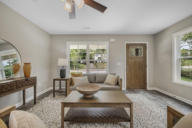 living room with wood-type flooring and ceiling fan