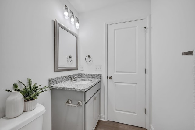 bathroom with vanity, toilet, and wood-type flooring