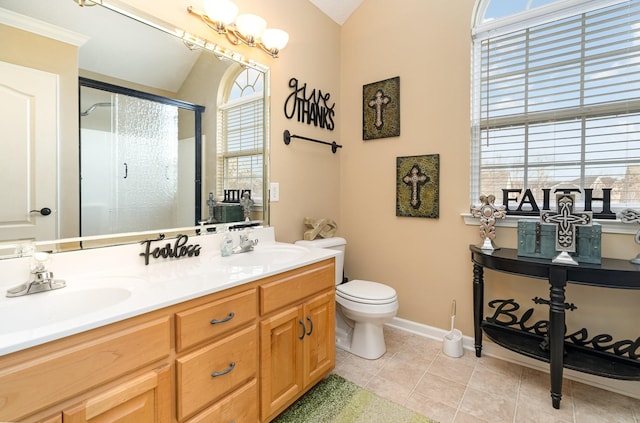 bathroom featuring vanity, tile patterned flooring, a shower with door, and toilet