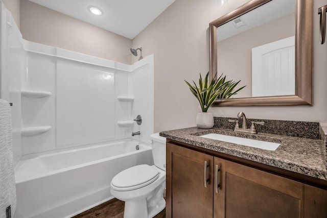 full bathroom with vanity, toilet, tub / shower combination, and wood-type flooring