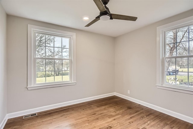 empty room with ceiling fan, a wealth of natural light, and wood-type flooring