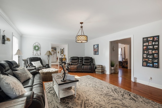 living room featuring hardwood / wood-style floors and crown molding