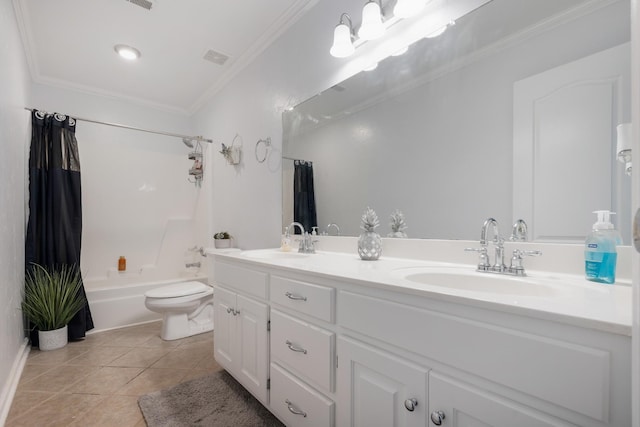 full bathroom with shower / bath combo, tile patterned flooring, vanity, ornamental molding, and toilet