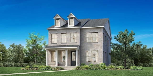 view of front facade featuring a front yard, brick siding, and covered porch