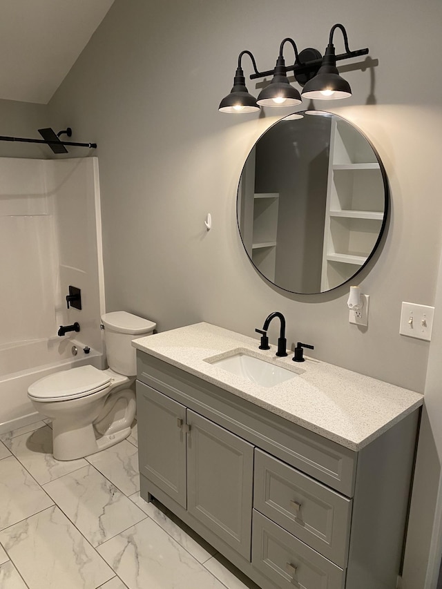 full bathroom featuring vanity, lofted ceiling, toilet, and shower / bath combination