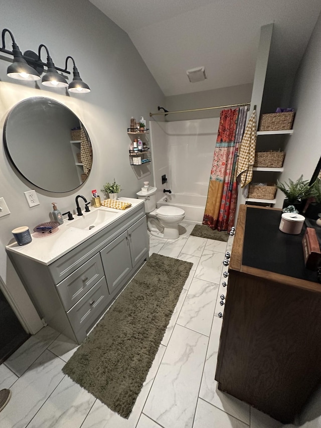 full bathroom with vanity, vaulted ceiling, shower / bath combination with curtain, and toilet