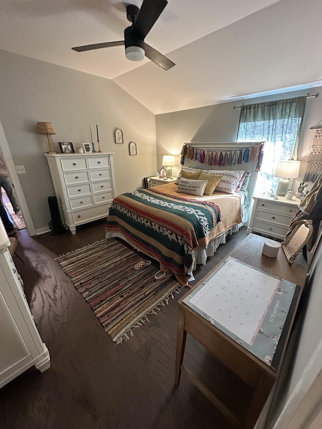 bedroom with ceiling fan and lofted ceiling