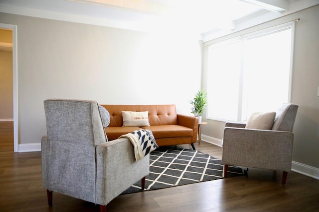 living room with beamed ceiling and hardwood / wood-style floors