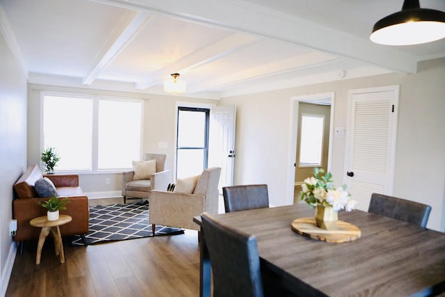 dining space with beam ceiling and wood-type flooring