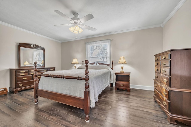 bedroom with crown molding, ceiling fan, and dark hardwood / wood-style floors