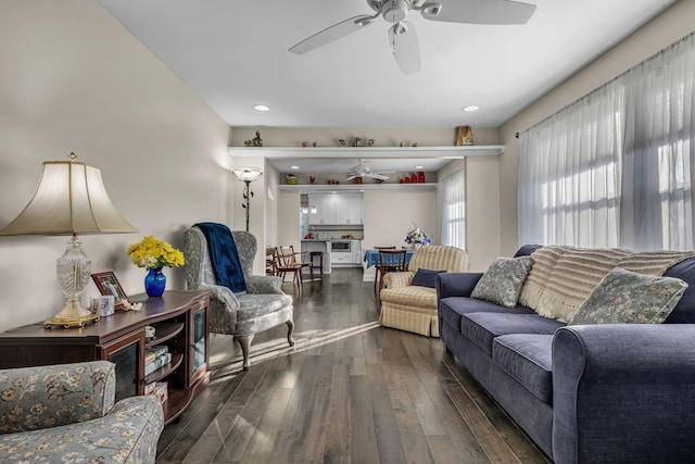 living room with ceiling fan and dark hardwood / wood-style flooring