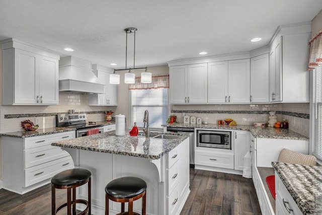 kitchen featuring premium range hood, appliances with stainless steel finishes, pendant lighting, white cabinetry, and a kitchen island with sink